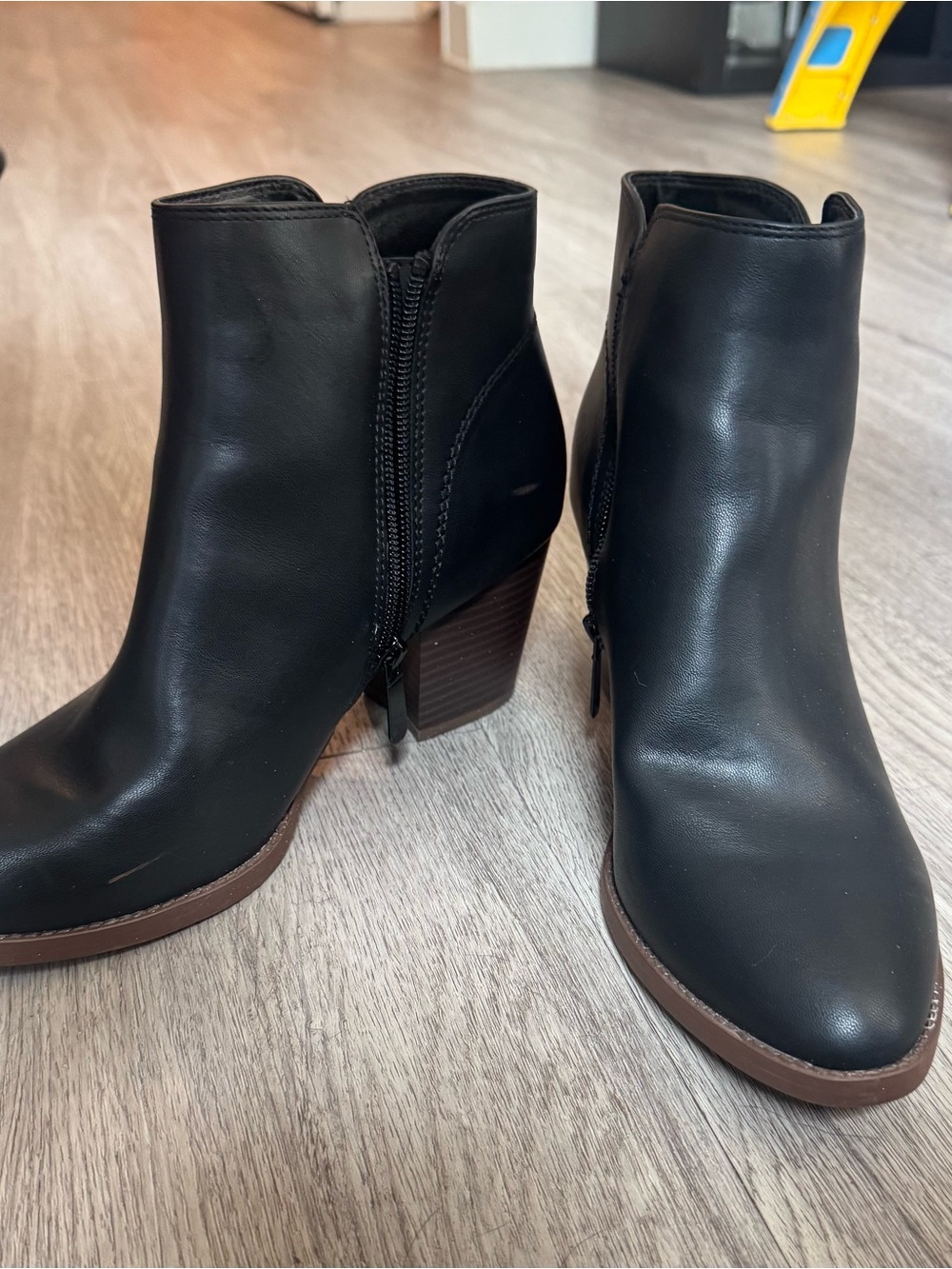 Style & Co. Black Side-Zip Ankle Booties with Brown Stacked Heel